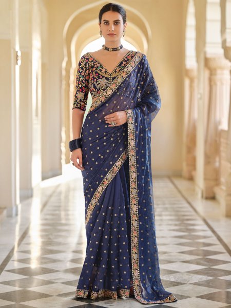Navy Blue Organza Embroidered Festival Saree