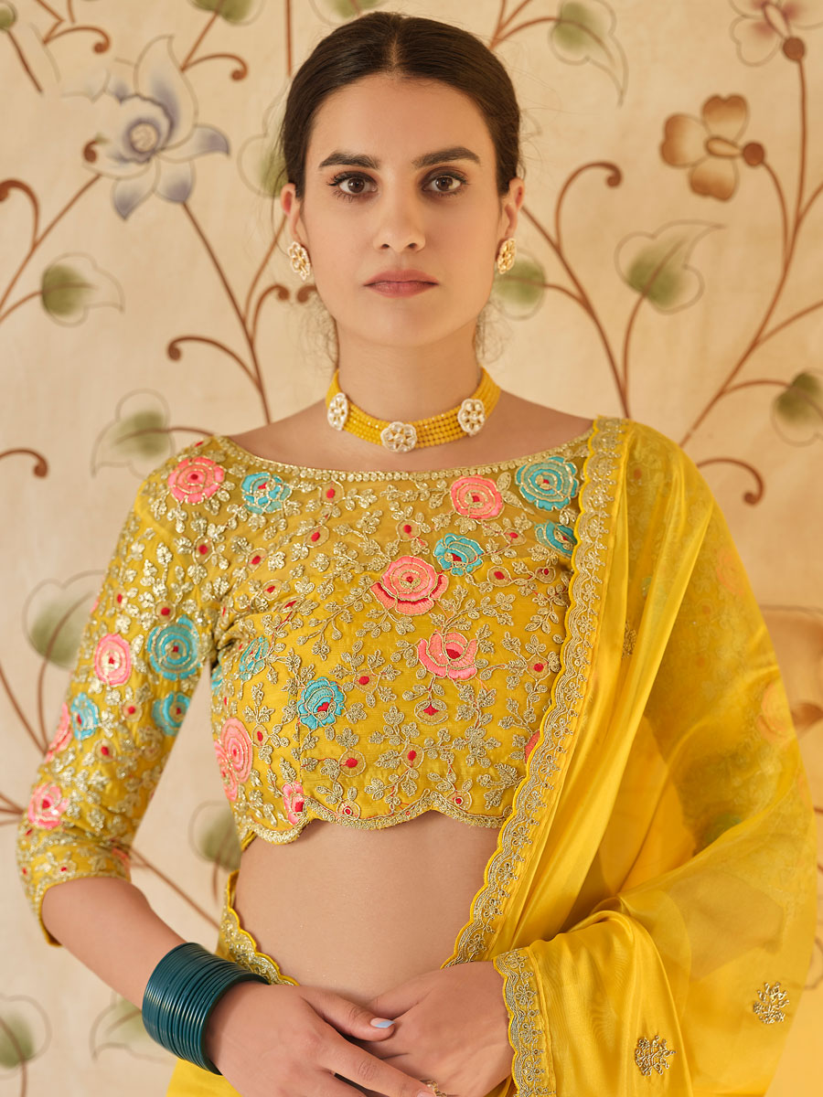 Amber Yellow Organza Embroidered Festival Saree