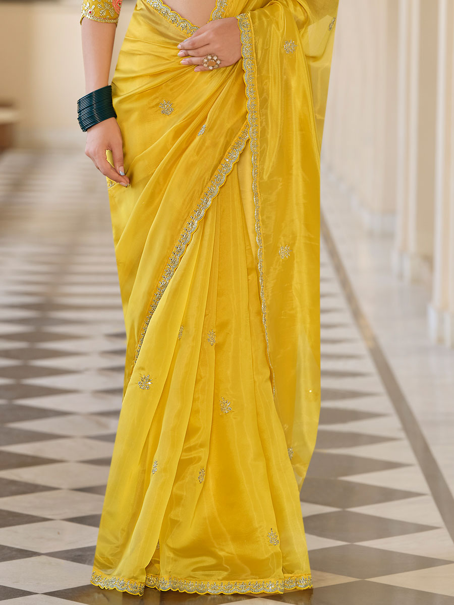 Amber Yellow Organza Embroidered Festival Saree