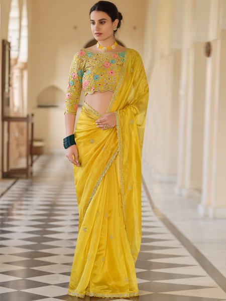 Amber Yellow Organza Embroidered Festival Saree