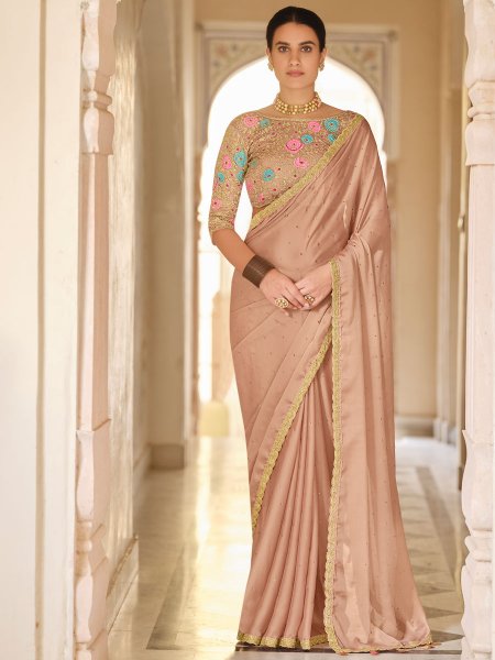 Desert Sand Brown Organza Embroidered Festival Saree