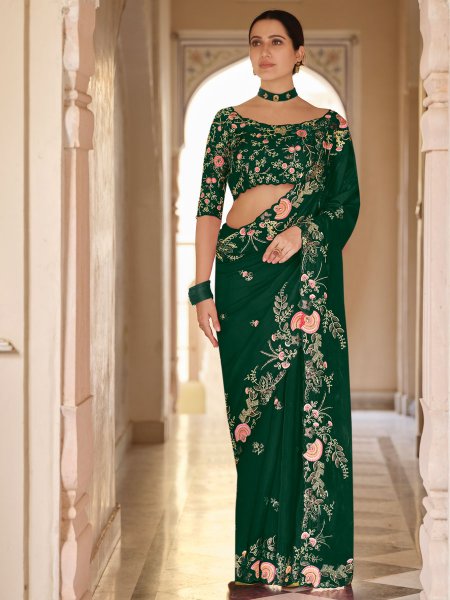 Hunter Green Organza Embroidered Festival Saree