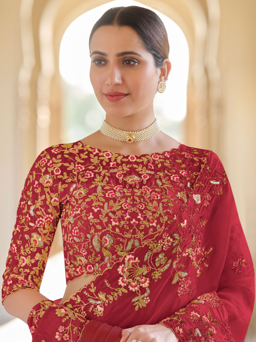 Cardinal Red Organza Embroidered Festival Saree