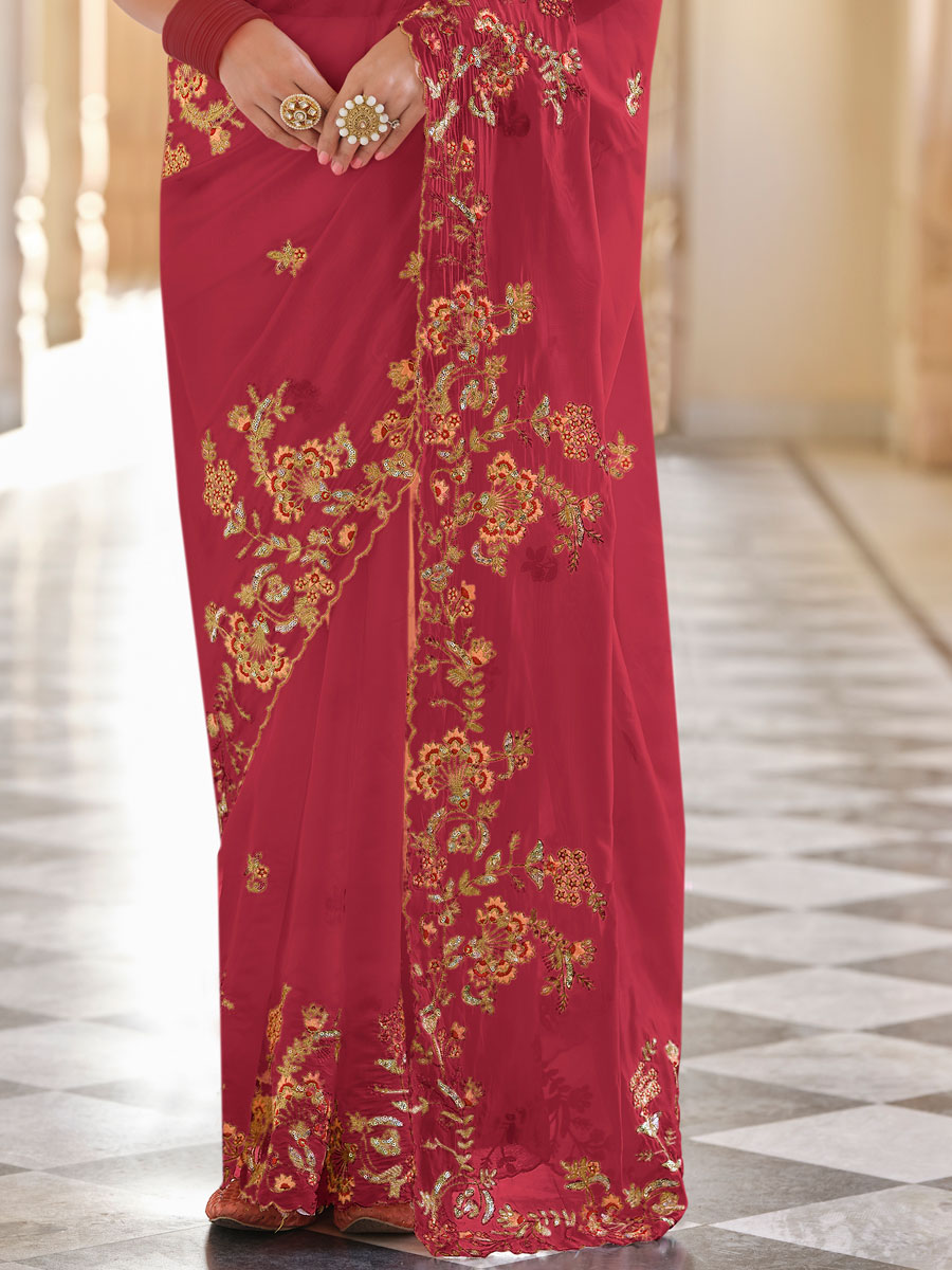 Cardinal Red Organza Embroidered Festival Saree