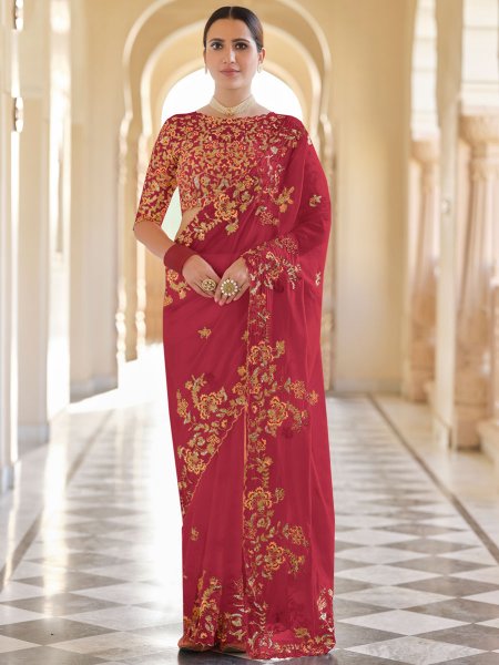 Cardinal Red Organza Embroidered Festival Saree