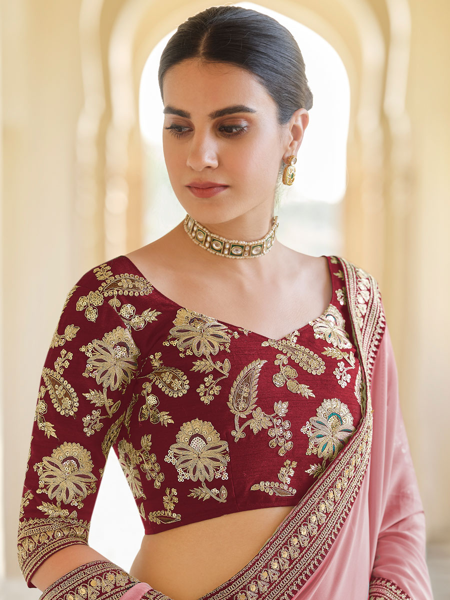 Salmon Pink Organza Embroidered Festival Saree
