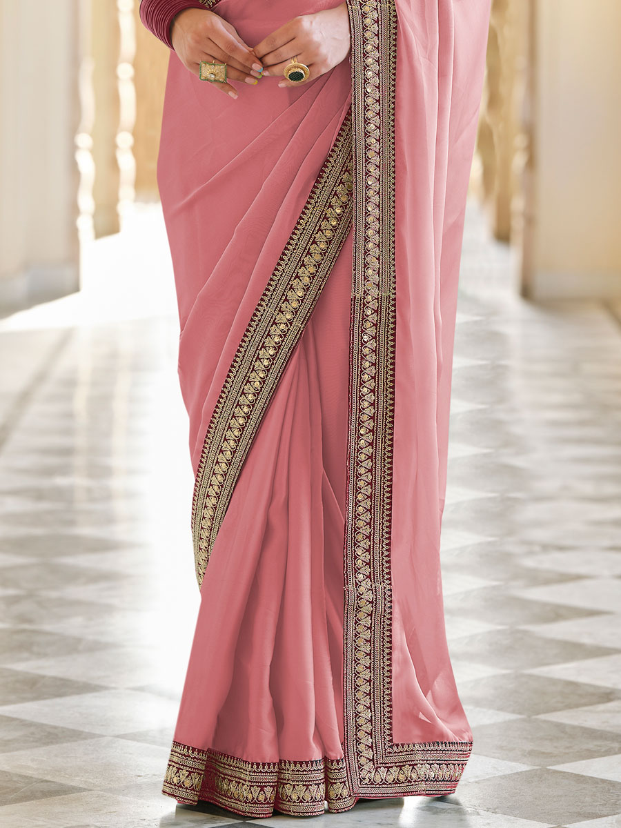 Salmon Pink Organza Embroidered Festival Saree