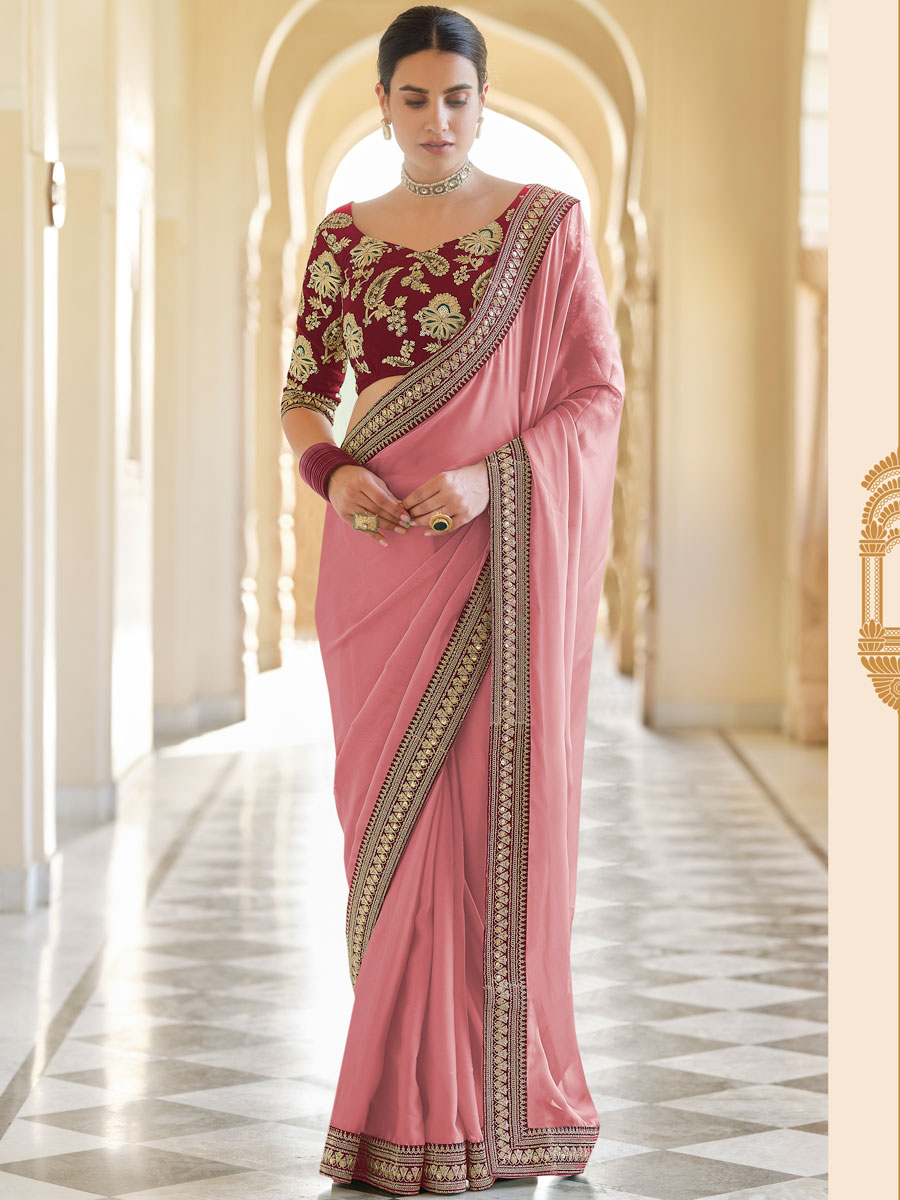Salmon Pink Organza Embroidered Festival Saree