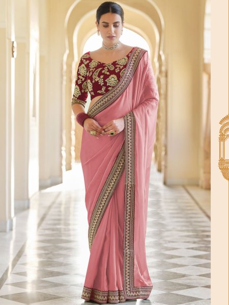 Salmon Pink Organza Embroidered Festival Saree