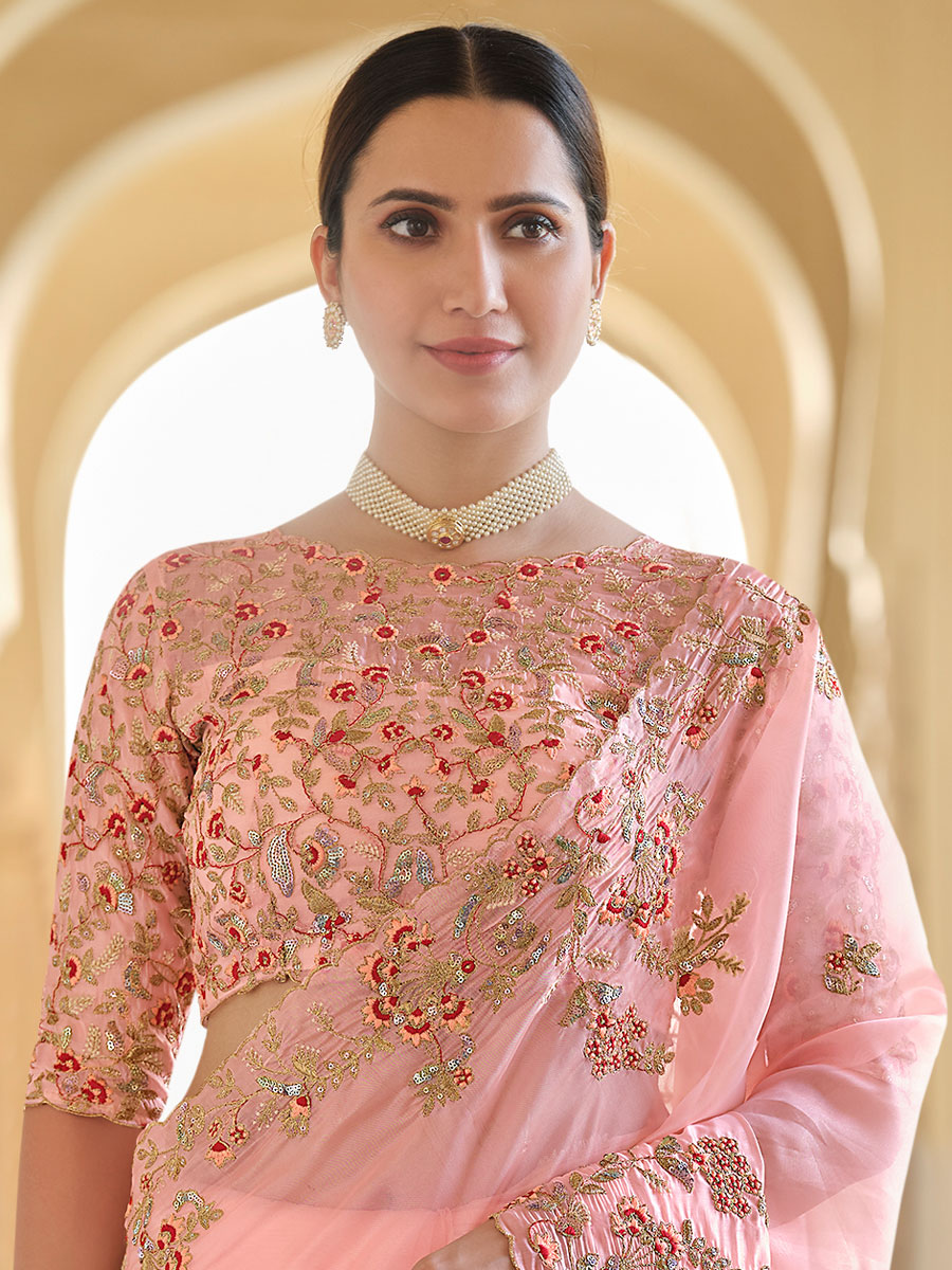 Light Pink Organza Embroidered Festival Saree