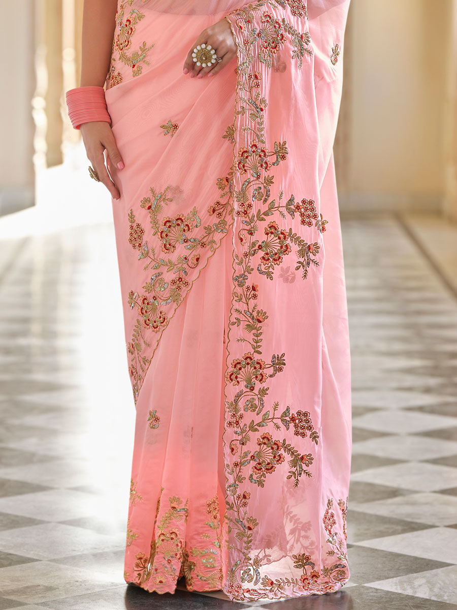 Light Pink Organza Embroidered Festival Saree