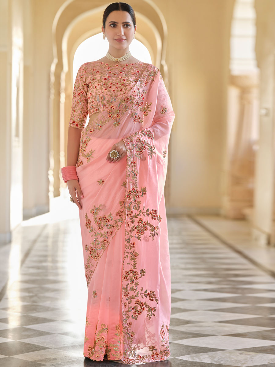 Light Pink Organza Embroidered Festival Saree