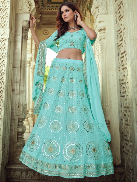 Electric Blue Faux Georgette Embroidered Party Lehenga Choli