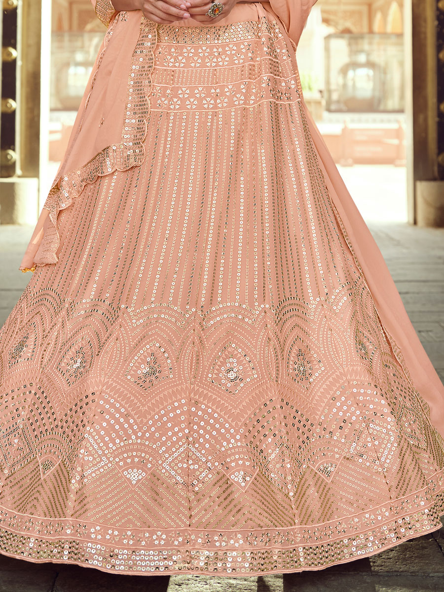 Apricot Orange Faux Georgette Embroidered Party Lehenga Choli