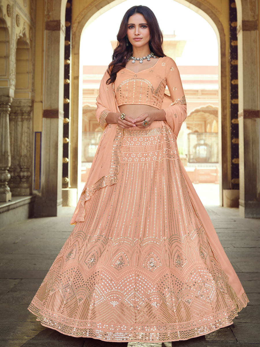 Apricot Orange Faux Georgette Embroidered Party Lehenga Choli