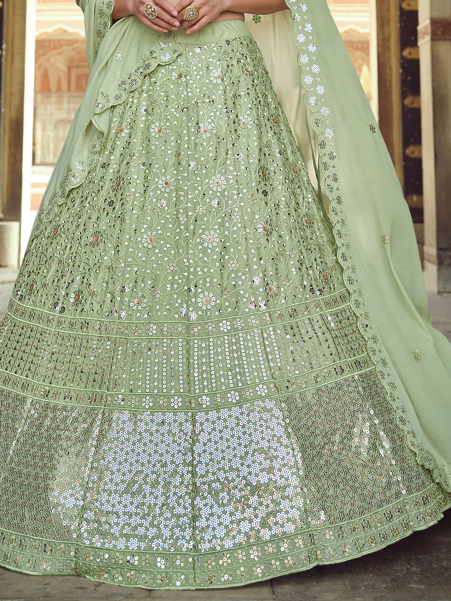 Moss Green Faux Georgette Embroidered Party Lehenga Choli