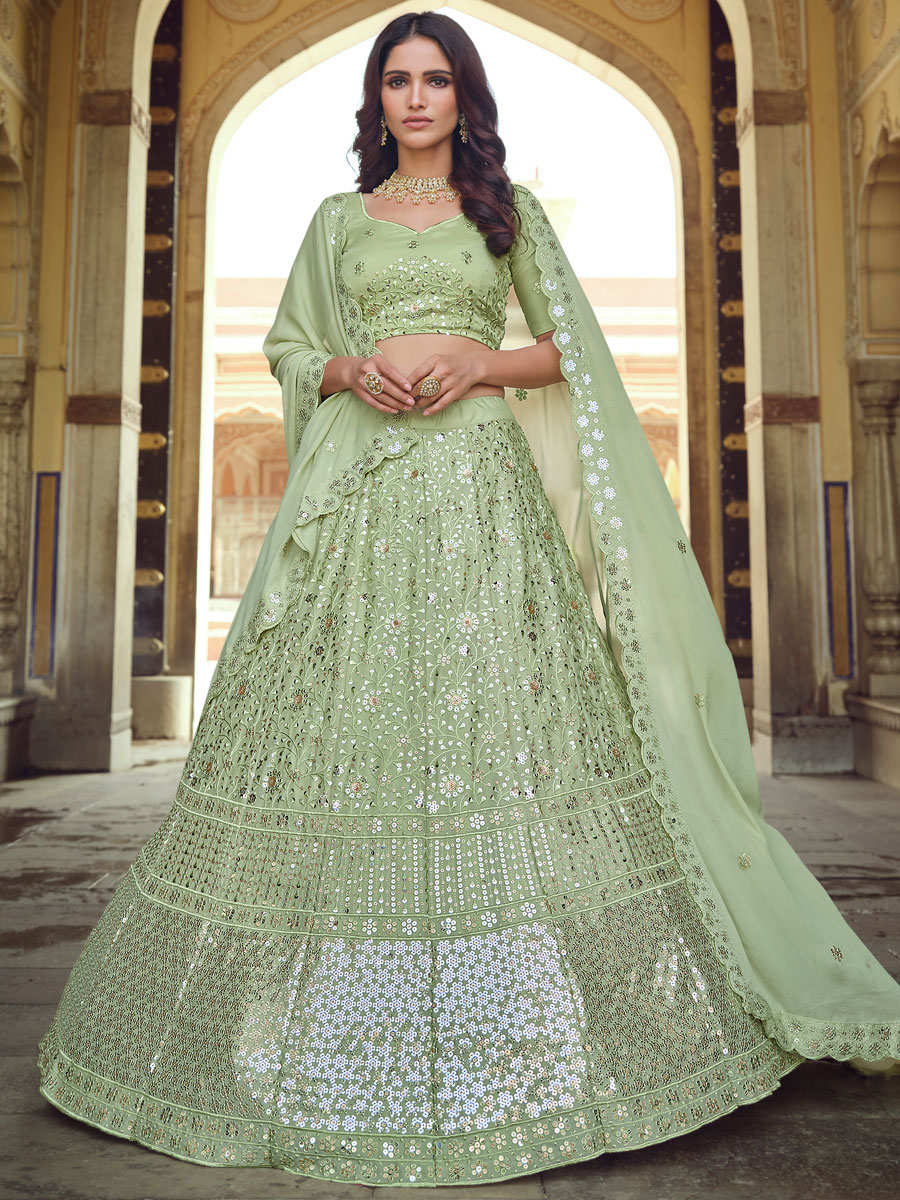 Moss Green Faux Georgette Embroidered Party Lehenga Choli