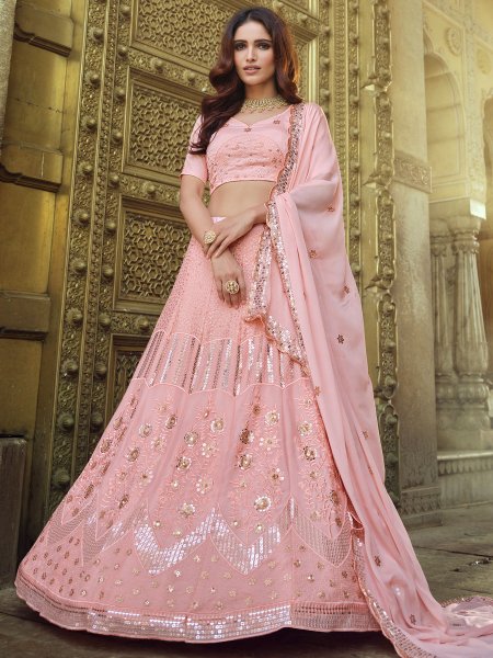 Tea Rose Pink Faux Georgette Embroidered Party Lehenga Choli