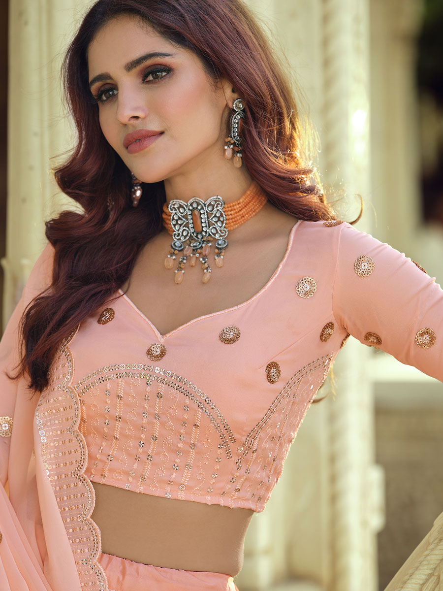 Desert Sand Brown Faux Georgette Embroidered Party Lehenga Choli