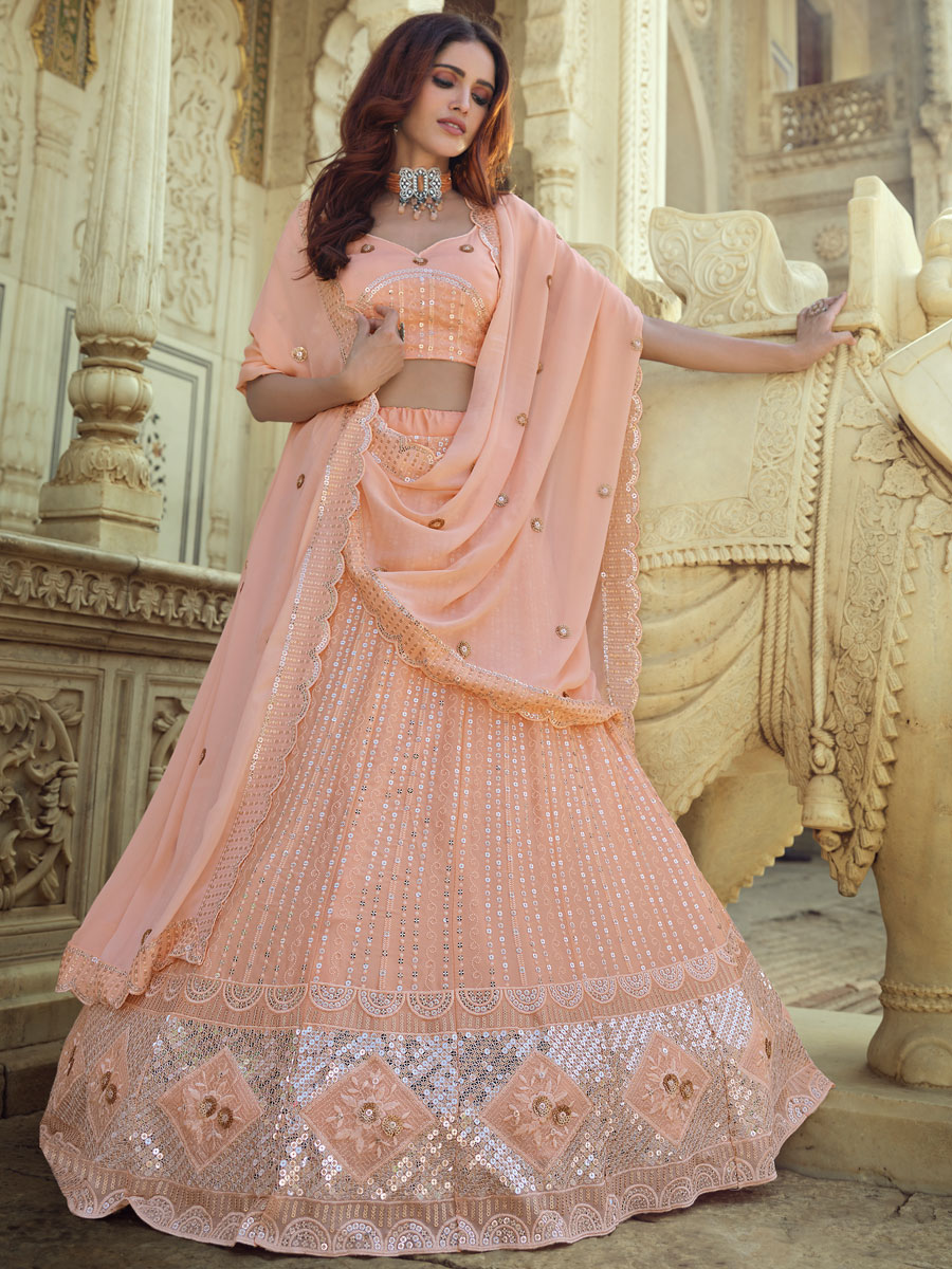 Desert Sand Brown Faux Georgette Embroidered Party Lehenga Choli