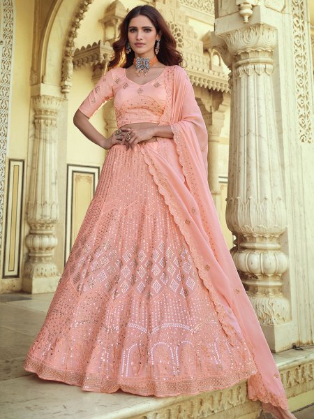 Coral Pink Faux Georgette Embroidered Party Lehenga Choli