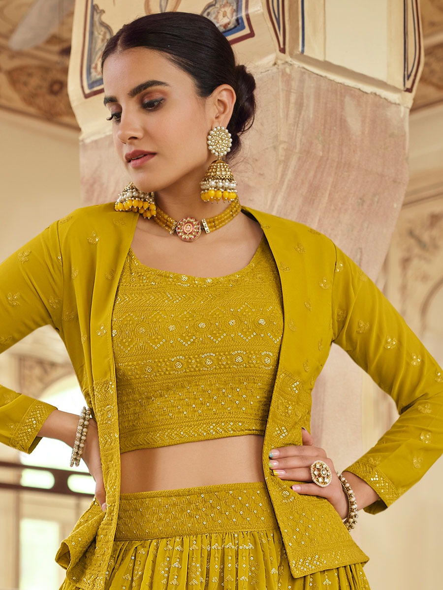 Metallic Gold Yellow Faux Georgette Embroidered Party Lehenga Choli
