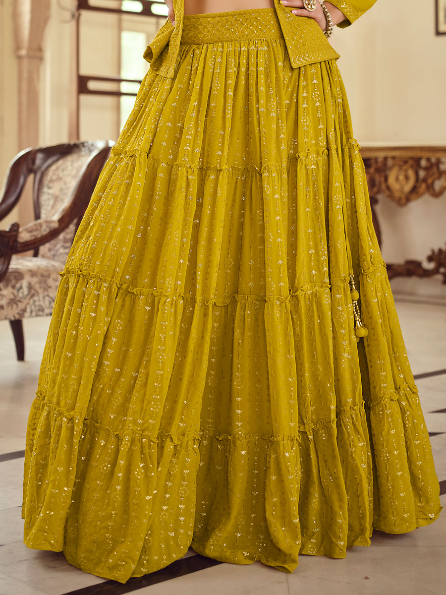 Metallic Gold Yellow Faux Georgette Embroidered Party Lehenga Choli