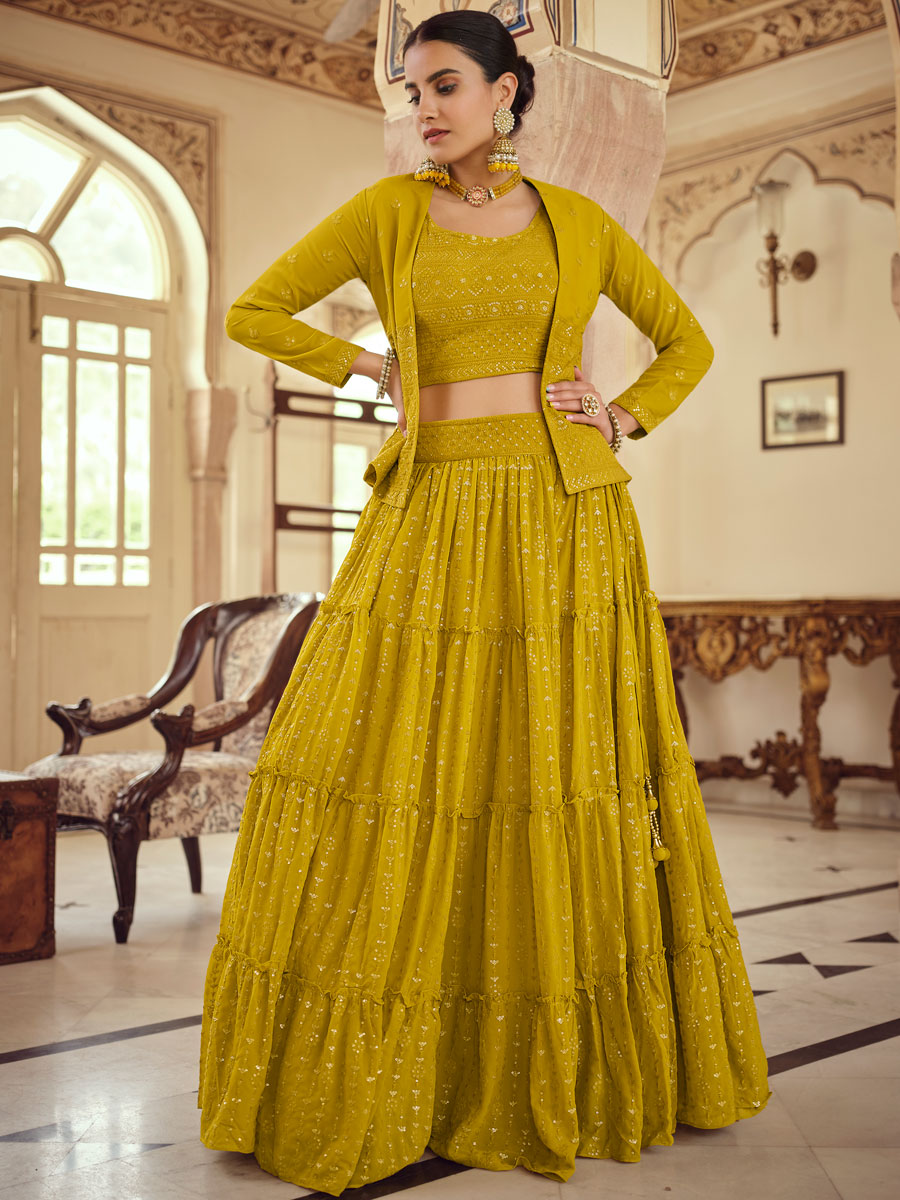 Metallic Gold Yellow Faux Georgette Embroidered Party Lehenga Choli