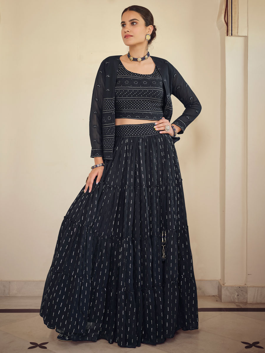 Prussian Blue Faux Georgette Embroidered Party Lehenga Choli