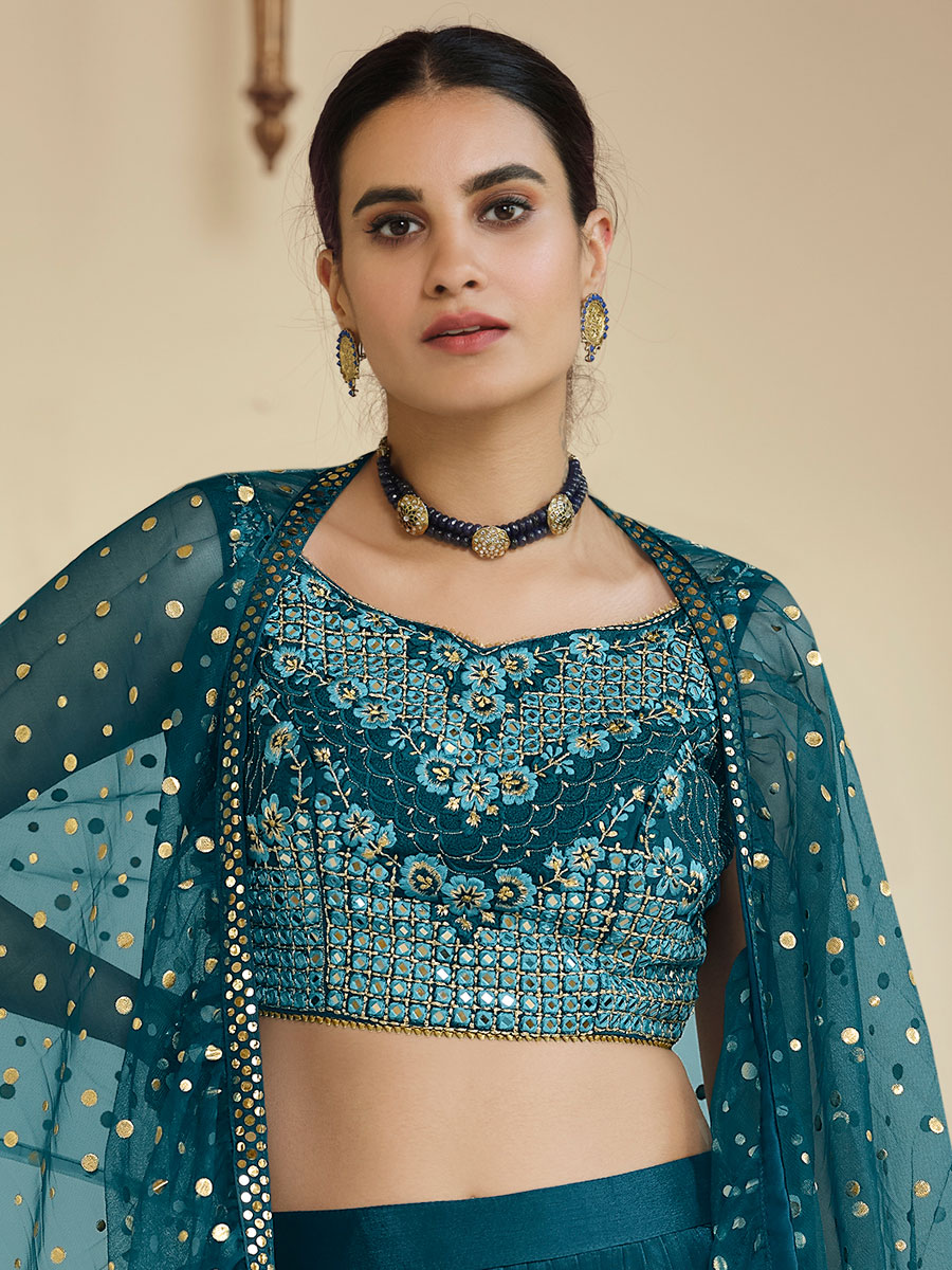 Teal Green Crepe Embroidered Party Lehenga Choli