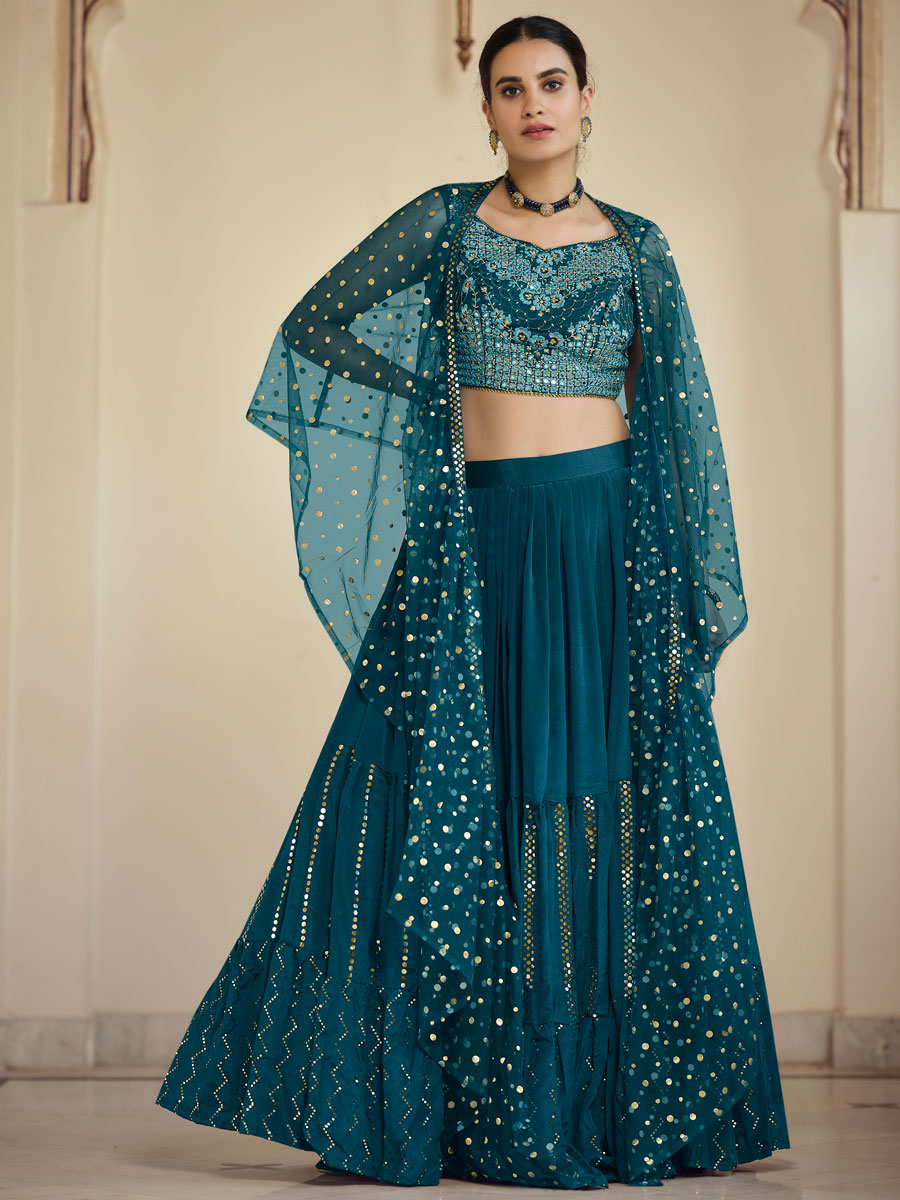 Teal Green Crepe Embroidered Party Lehenga Choli