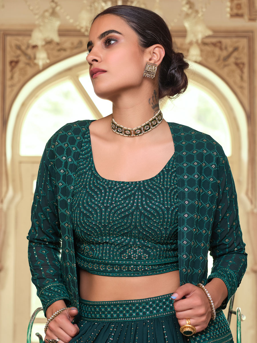 Midnight Green Faux Georgette Embroidered Party Lehenga Choli
