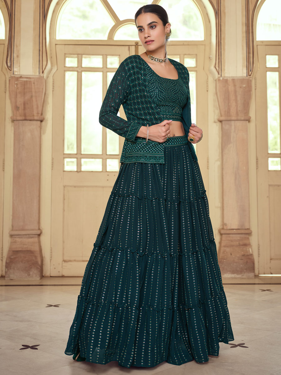 Midnight Green Faux Georgette Embroidered Party Lehenga Choli