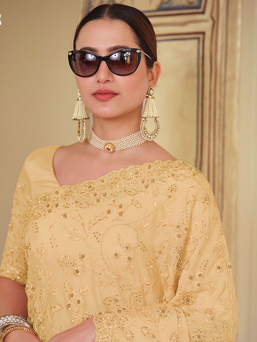 Buff Yellow Chiffon Embroidered Party Saree