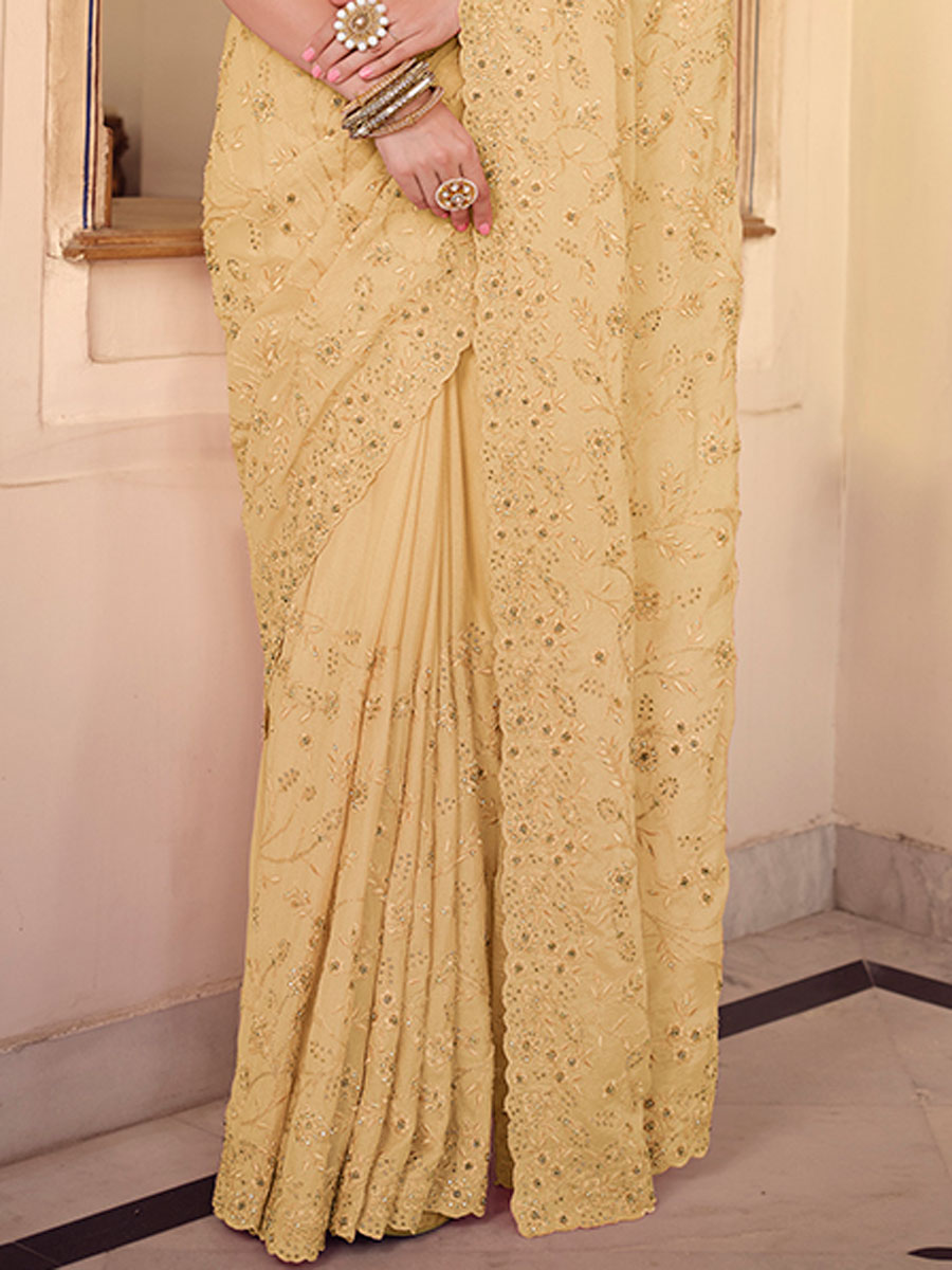 Buff Yellow Chiffon Embroidered Party Saree