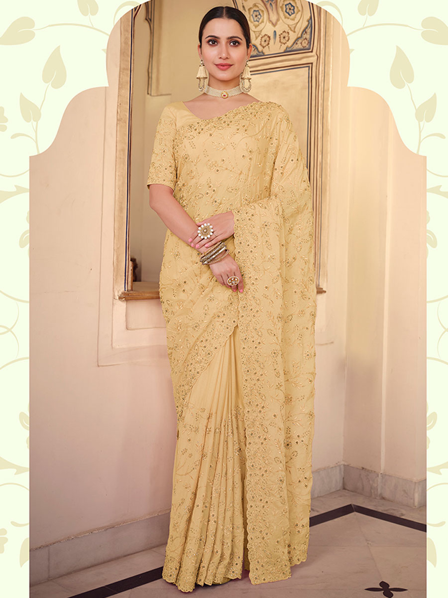 Buff Yellow Chiffon Embroidered Party Saree