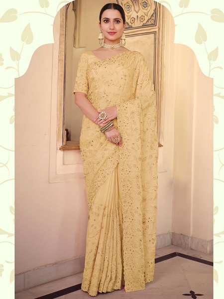 Buff Yellow Chiffon Embroidered Party Saree