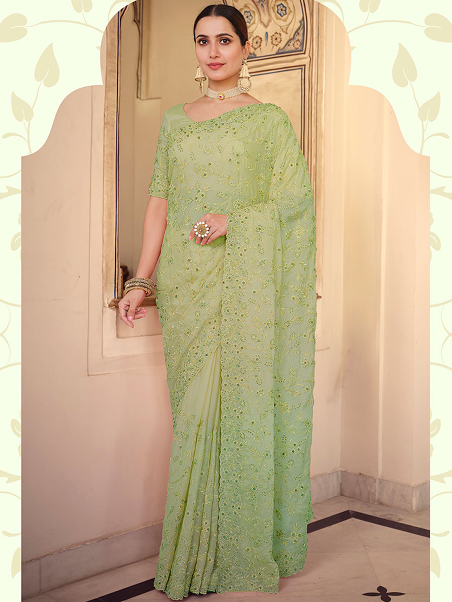 Tea Rose Green Net Embroidered Party Saree