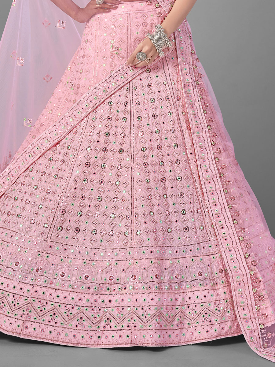Lavender Pink Faux Georgette Embroidered Bridal Lehenga Choli