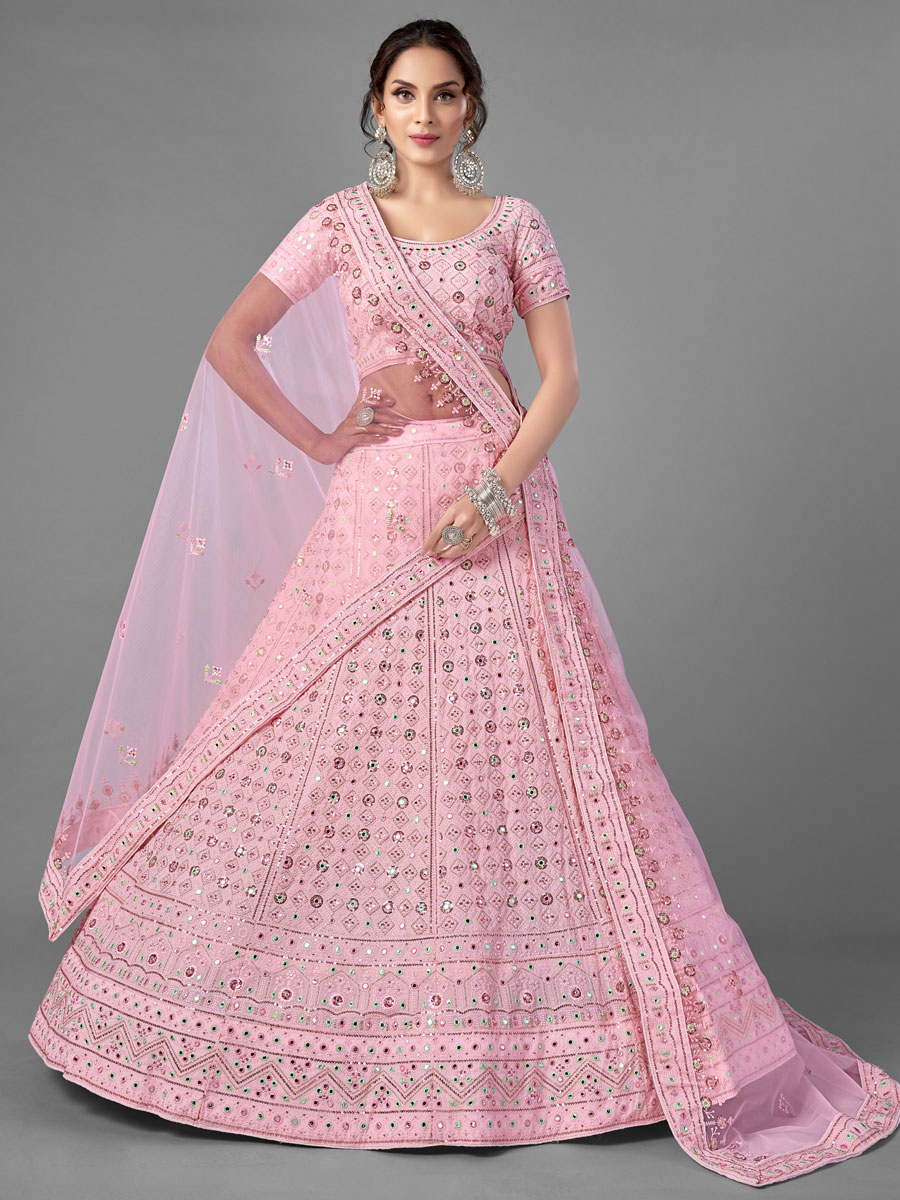 Lavender Pink Faux Georgette Embroidered Bridal Lehenga Choli