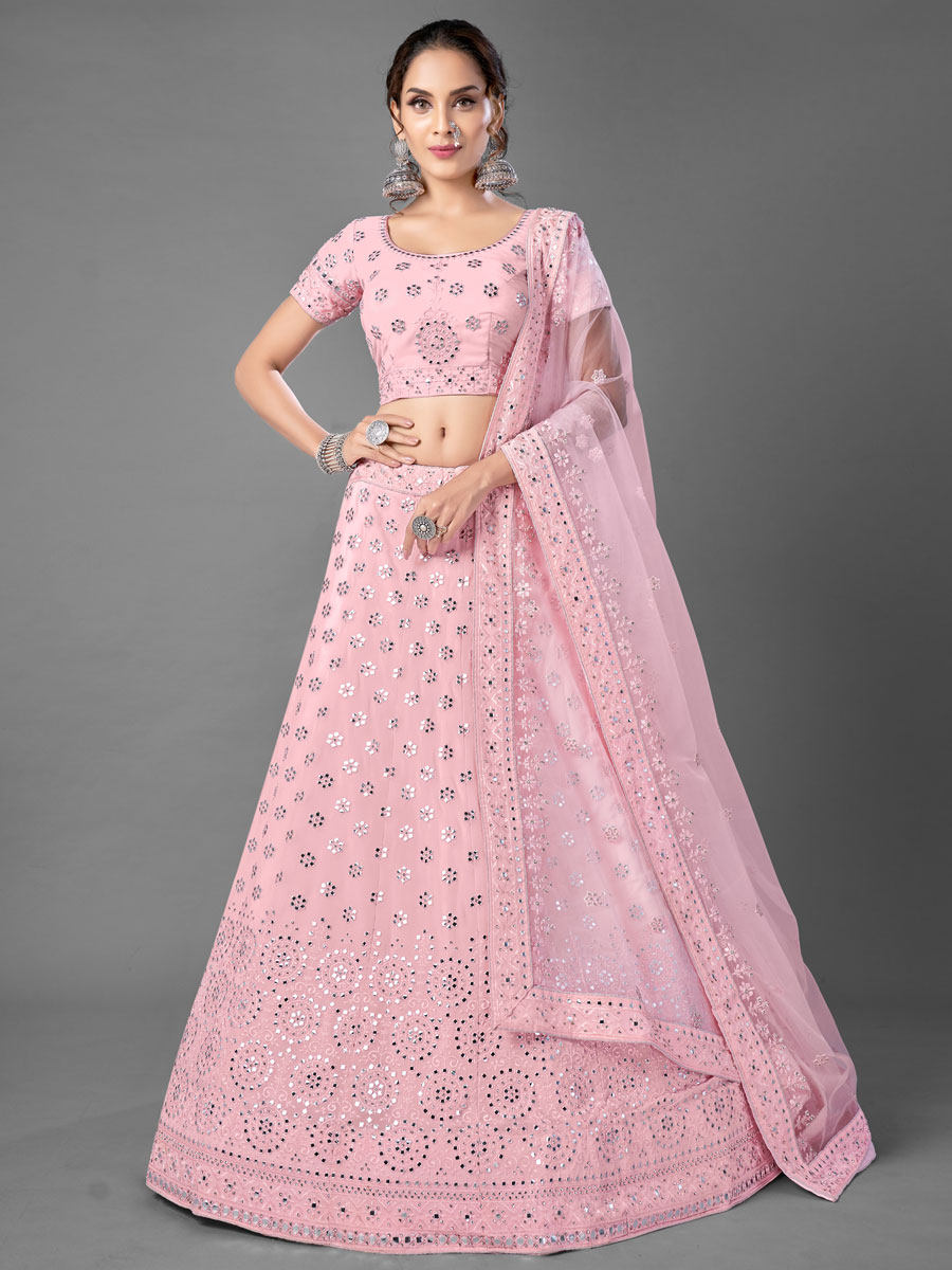 Tea Rose Pink Faux Georgette Embroidered Bridal Lehenga Choli