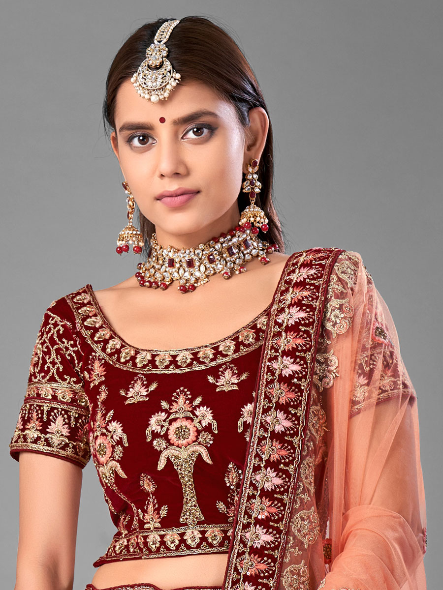 Maroon Velvet Embroidered Bridal Lehenga Choli