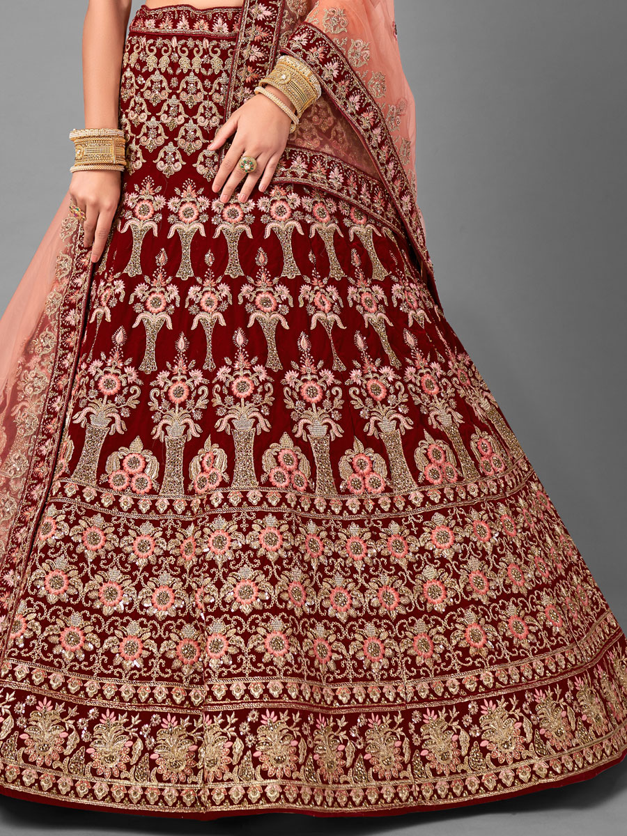 Maroon Velvet Embroidered Bridal Lehenga Choli