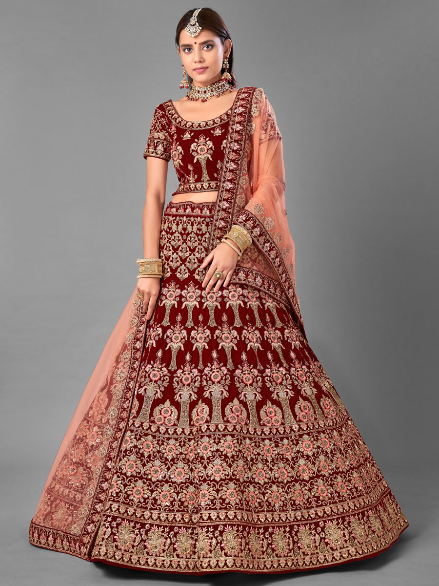 Maroon Velvet Embroidered Bridal Lehenga Choli