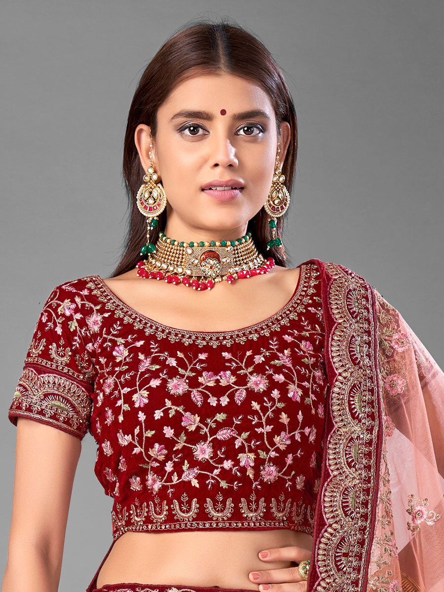 Maroon Velvet Embroidered Bridal Lehenga Choli