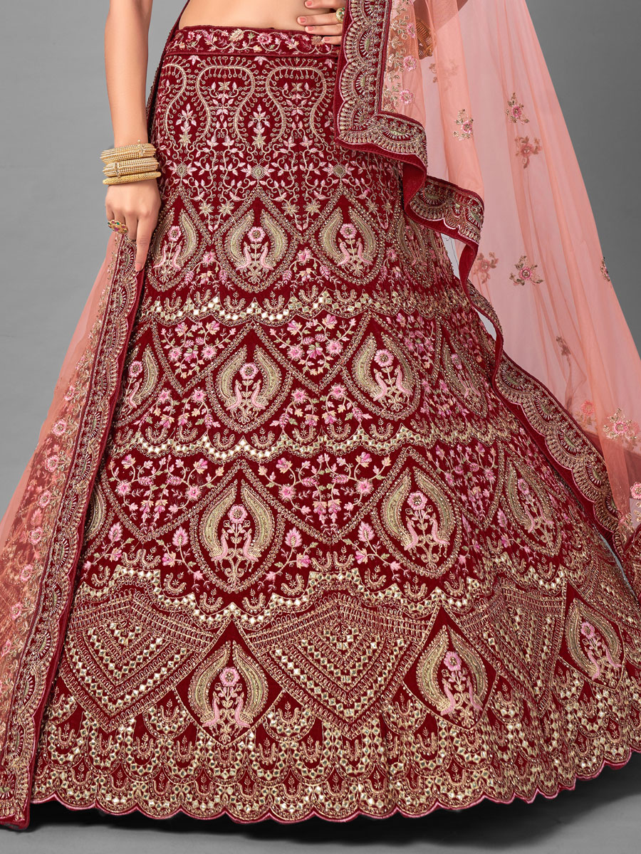 Maroon Velvet Embroidered Bridal Lehenga Choli