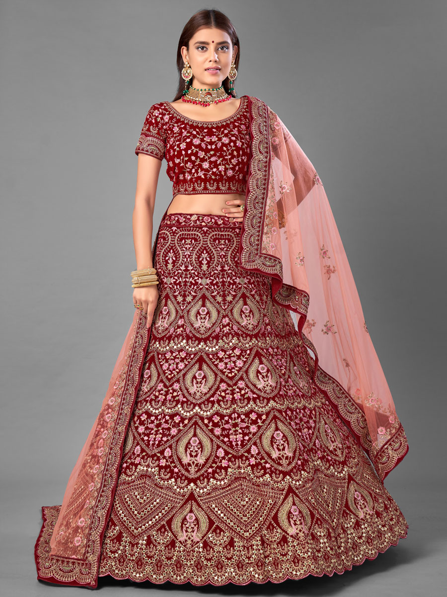 Maroon Velvet Embroidered Bridal Lehenga Choli
