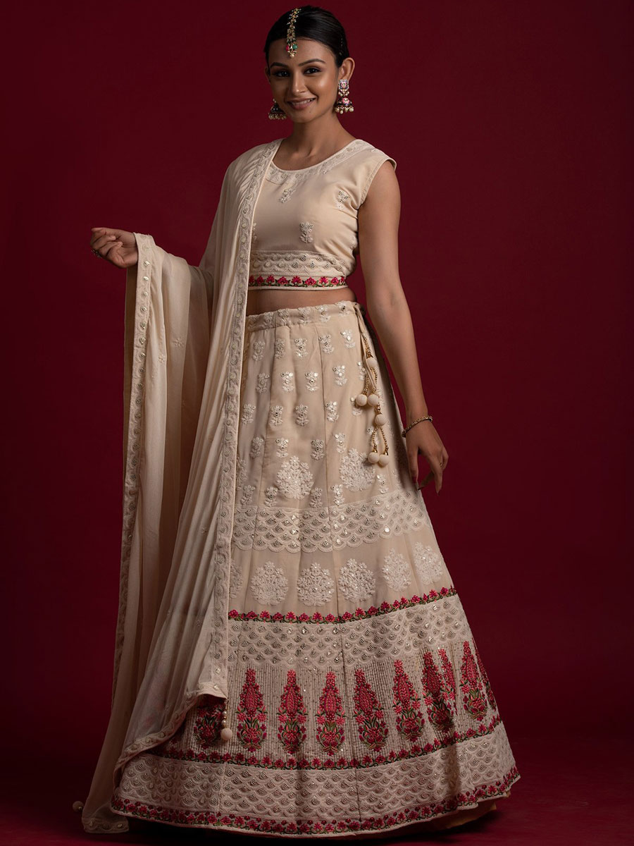 Khaki Brown Faux Georgette Embroidered Bridal Lehenga Choli