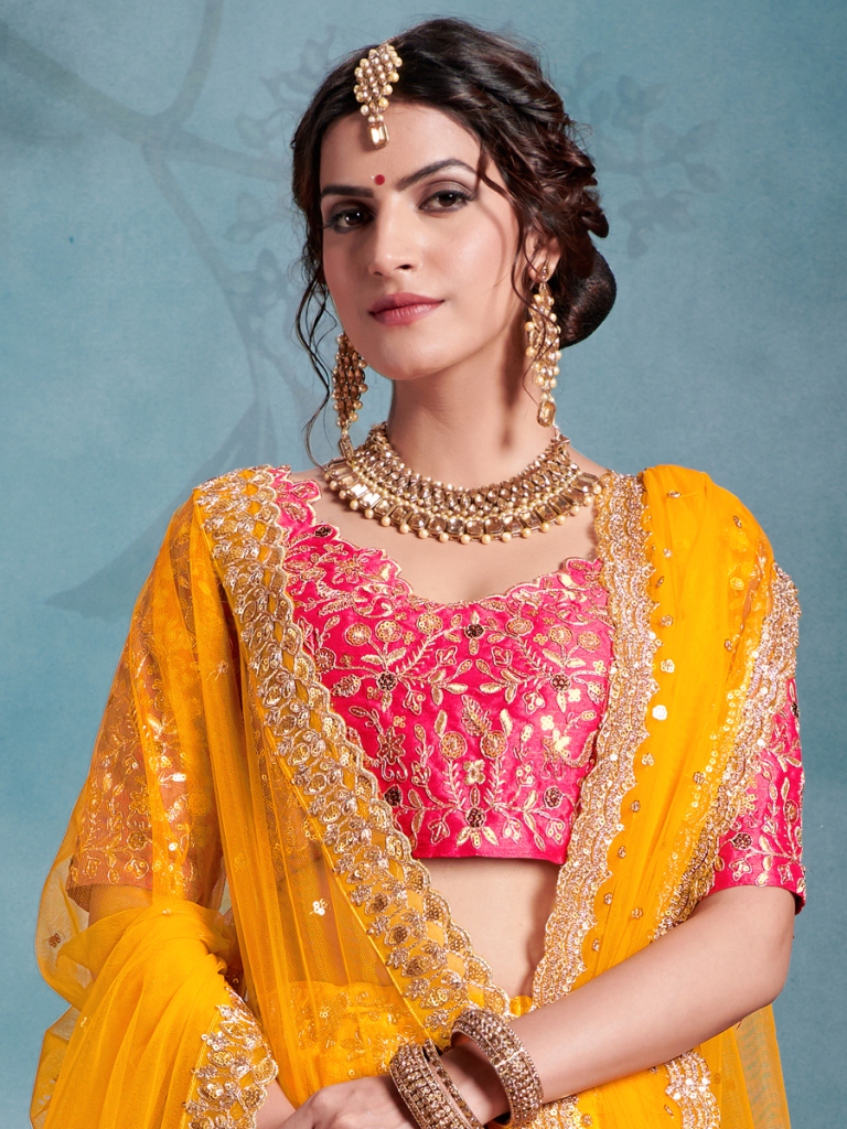 Amber Yellow Art Silk Embroidered Party Lehenga Choli