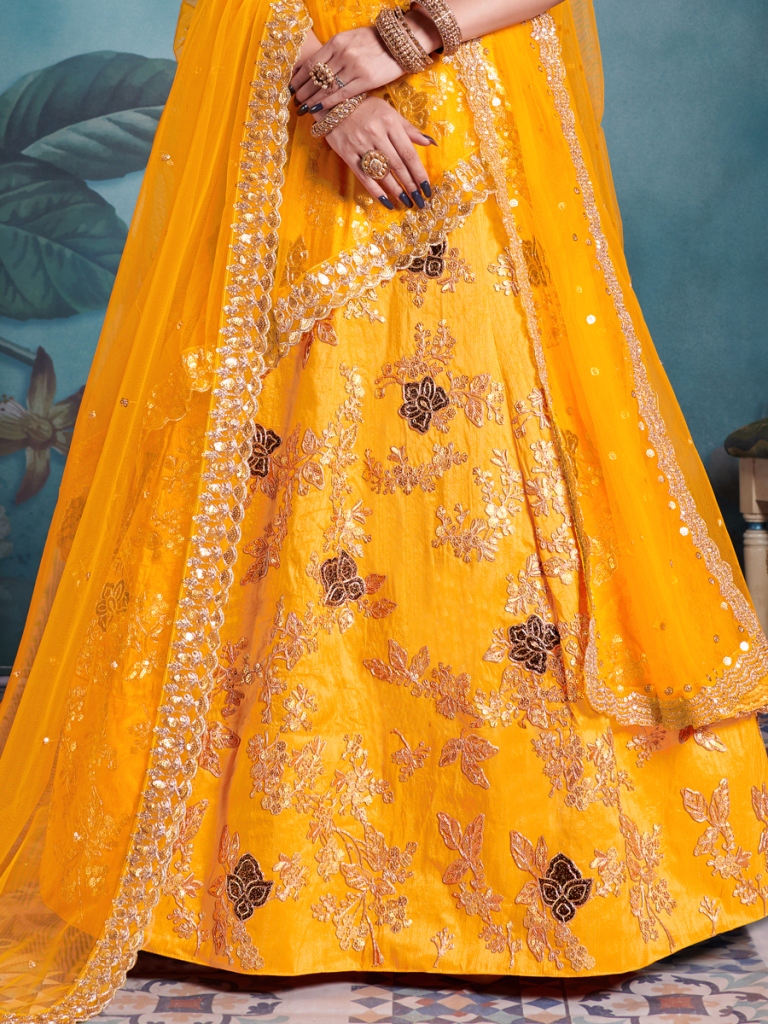 Amber Yellow Art Silk Embroidered Party Lehenga Choli
